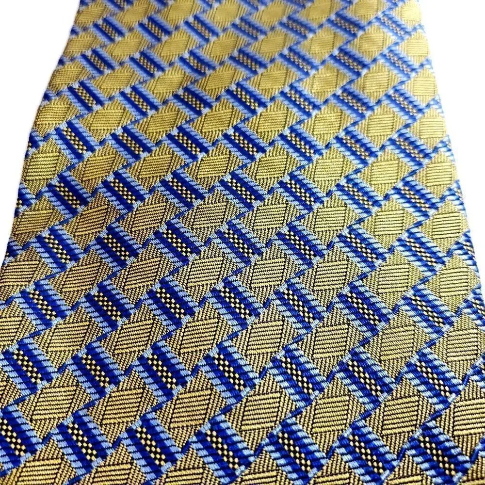 Jos A Bank Blue Yellow Woven Geometric Long‎ Silk Tie